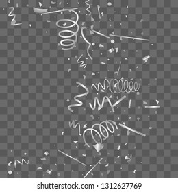 Silver confetti. Silver texture glitter on a transparent background. The element of design. The silvery abstract textures are chaotically falling. The Vector illustration, EPS 10.