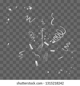 Silver confetti. Silver texture glitter on a transparent background. The element of design. The silvery abstract textures are chaotically falling. The Vector illustration, EPS 10.