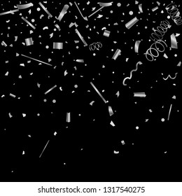 Silver confetti. Silver texture glitter on a black background. The element of design. The silvery abstract textures are chaotically falling. The Vector illustration, EPS 10.