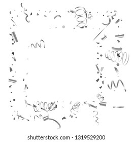 Silver confetti. Silver texture glitter on a white background. The element of design. The silvery abstract textures are chaotically falling. The Vector illustration, EPS 10.