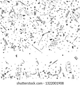 Silver confetti. Silver texture glitter on a white background. The element of design. The silvery abstract textures are chaotically falling. The Vector illustration, EPS 10.