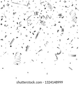 Silver confetti. Silver texture glitter on a white background. The element of design. The silvery abstract textures are chaotically falling. The Vector illustration, EPS 10.