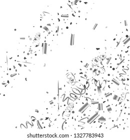 Silver confetti. Silver texture glitter on a white background. The element of design. The silvery abstract textures are chaotically falling. The Vector illustration, EPS 10.