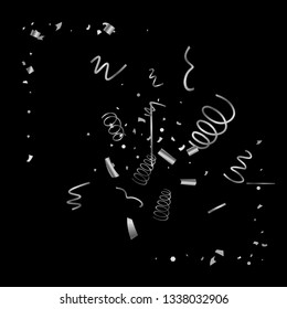 Silver confetti. Silver texture glitter on a black background. The element of design. The silvery abstract textures are chaotically falling. The Vector illustration, EPS 10.