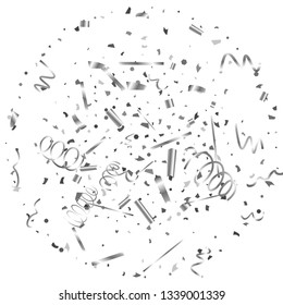 Silver confetti. Silver texture glitter on a white background. The element of design. The silvery abstract textures are chaotically falling. The Vector illustration, EPS 10.