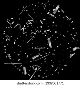 Silver confetti. Silver texture glitter on a black background. The element of design. The silvery abstract textures are chaotically falling. The Vector illustration, EPS 10.