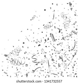 Silver confetti. Silver texture glitter on a white background. The element of design. The silvery abstract textures are chaotically falling. The Vector illustration, EPS 10.
