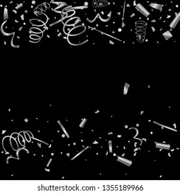 Silver confetti. Silver texture glitter on a black background. The element of design. The silvery abstract textures are chaotically falling. The Vector illustration, EPS 10.
