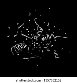 Silver confetti. Silver texture glitter on a black background. The element of design. The silvery abstract textures are chaotically falling. The Vector illustration, EPS 10.