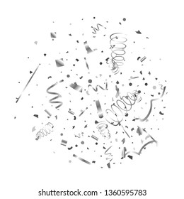 Silver confetti. Silver texture glitter on a white background. The element of design. The silvery abstract textures are chaotically falling. The Vector illustration, EPS 10.