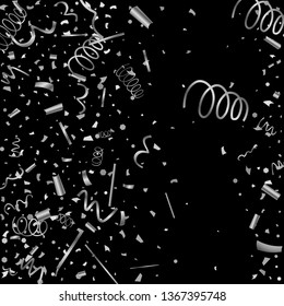 Silver confetti. Silver texture glitter on a black background. The element of design. The silvery abstract textures are chaotically falling. The Vector illustration, EPS 10.
