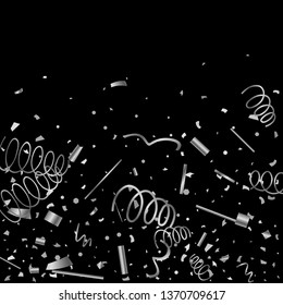 Silver confetti. Silver texture glitter on a black background. The element of design. The silvery abstract textures are chaotically falling. The Vector illustration, EPS 10.