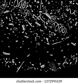 Silver confetti. Silver texture glitter on a black background. The element of design. The silvery abstract textures are chaotically falling. The Vector illustration, EPS 10.