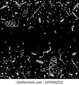 Silver confetti. Silver texture glitter on a black background. The element of design. The silvery abstract textures are chaotically falling. The Vector illustration, EPS 10.