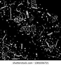 Silver confetti. Silver texture glitter on a black background. The element of design. The silvery abstract textures are chaotically falling. The Vector illustration, EPS 10.