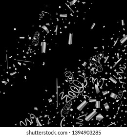 Silver confetti. Silver texture glitter on a black background. The element of design. The silvery abstract textures are chaotically falling. The Vector illustration, EPS 10.