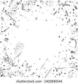 Silver confetti. Silver texture glitter on a white background. The element of design. The silvery abstract textures are chaotically falling. The Vector illustration, EPS 10.