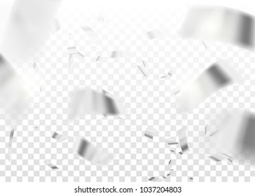 Silver Confetti. Tinsel. Vector Festive Illustration of Falling Shiny Confetti Glitters Isolated on Transparent Checkered Background. Holiday Decorative Element for Design. Vector illustration.
