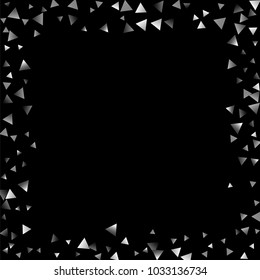 Silver confetti triangle on a black background. Abstract celebration background in the form of a silver triangle. Decorative element. Suitable for your design, cards, invitations, gifts.