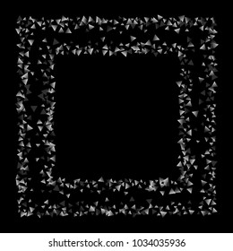 Silver confetti triangle on a black background. Abstract celebration background in the form of a silver triangle. Decorative element. Suitable for your design, cards, invitations, gifts.