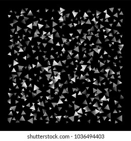 Silver confetti triangle on a black background. Abstract celebration background in the form of a silver triangle. Decorative element. Suitable for your design, cards, invitations, gifts.