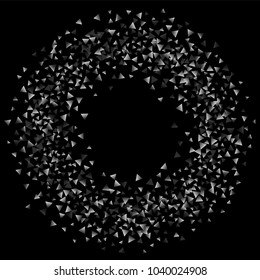 Silver confetti triangle on a black background. Abstract celebration background in the form of a silver triangle. Decorative element. Suitable for your design, cards, invitations, gifts.