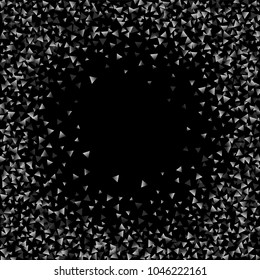 Silver confetti triangle on a black background. Abstract celebration background in the form of a silver triangle. Decorative element. Suitable for your design, cards, invitations, gifts.