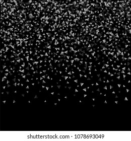Silver confetti triangle on a black background. Abstract celebration background in the form of a silver triangle. Decorative element. Suitable for your design, cards, invitations, gifts.