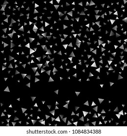 Silver confetti triangle on a black background. Abstract celebration background in the form of a silver triangle. Decorative element. Suitable for your design, cards, invitations, gifts.