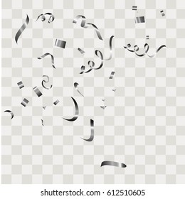 Silver confetti vector festive falling shiny isolated on transparent checkered background. 