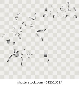 Silver confetti vector festive falling shiny isolated on transparent checkered background. 
