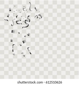 Silver confetti vector festive falling shiny isolated on transparent checkered background. 