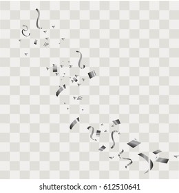 Silver confetti vector festive falling shiny isolated on transparent checkered background. 