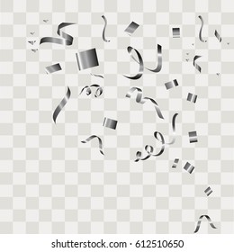 Silver confetti vector festive falling shiny isolated on transparent checkered background. 