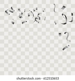Silver confetti vector festive falling shiny isolated on transparent checkered background. 