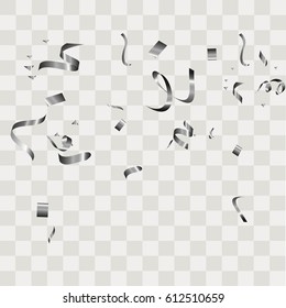 Silver confetti vector festive falling shiny isolated on transparent checkered background. 
