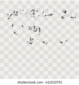 Silver confetti vector festive falling shiny isolated on transparent checkered background. 