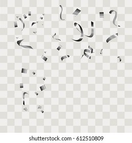 Silver confetti vector festive falling shiny isolated on transparent checkered background. 