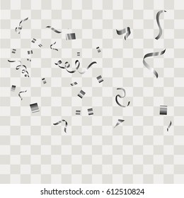 Silver confetti vector festive falling shiny isolated on transparent checkered background. 