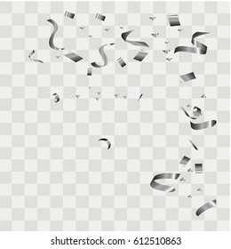 Silver confetti vector festive falling shiny isolated on transparent checkered background. 