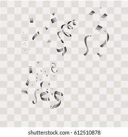 Silver confetti vector festive falling shiny isolated on transparent checkered background. 