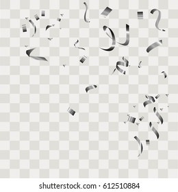 Silver confetti vector festive falling shiny isolated on transparent checkered background. 