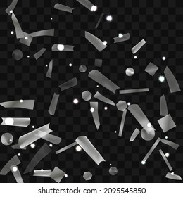 
Silberkonfetti. Lebhafter unscharfer Effekt. Festfolie. Großartiges Design für jeden Zweck. Feiertag, Geburtstag. Silber-Sequenzen. Lichtschärfe.