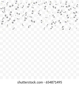 Silver Confetti White Ribbon Falling On Background. Celebration. Vector Illustration