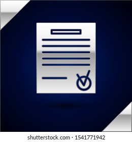 Silver Confirmed document and check mark icon isolated on dark blue background. Checklist icon. Business concept.  Vector Illustration