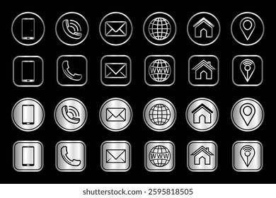 Silver Contact icon, Contact icons vector, Customer care Symbol, Icon of contact, phone and email icons, icon address, Contact center icon, Info Symbol, Communication icons