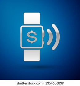 Silver Contactless payment icon isolated on blue background. Smartwatch with nfc technology making wireless contactless transactions. Vector Illustration