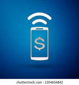 Silver Contactless payment icon isolated on blue background. Mobile wallet technology, nfc, wireless payment with smartphone. Vector Illustration