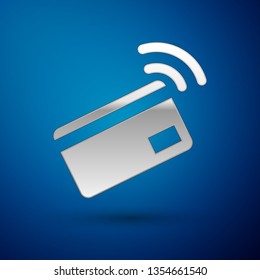 Silver Contactless payment with nfc card icon isolated on blue background. Card with radio wave sign. Credit card payment. Vector Illustration