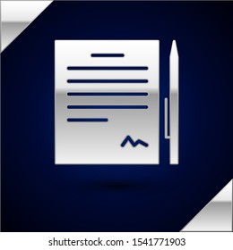 Silver Contract with pen icon isolated on dark blue background. File icon. Checklist icon. Business concept.  Vector Illustration